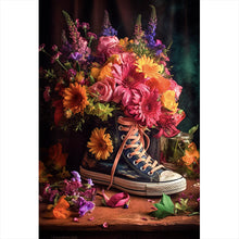 Lade das Bild in den Galerie-Viewer, Aluminiumbild gebürstet Blumiger Jeans Turnschuh Hochformat