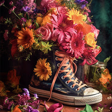 Lade das Bild in den Galerie-Viewer, Leinwandbild Blumiger Jeans Turnschuh Quadrat