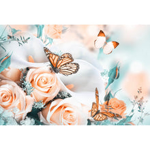 Lade das Bild in den Galerie-Viewer, Leinwandbild Blumenstrauß mit Schmetterlingen Querformat