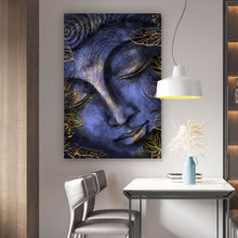 Lade das Bild in den Galerie-Viewer, Acrylglasbild Buddha Violett mit goldenen Blättern Hochformat