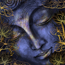 Lade das Bild in den Galerie-Viewer, Poster Buddha Violett mit goldenen Blättern Quadrat