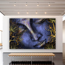 Lade das Bild in den Galerie-Viewer, Acrylglasbild Buddha Violett mit goldenen Blättern Querformat