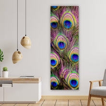Lade das Bild in den Galerie-Viewer, Acrylglasbild Bunte Pfauenfedern Panorama Hoch