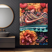 Lade das Bild in den Galerie-Viewer, Acrylglasbild Bunter Sneaker in Blumenbett Hochformat