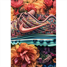 Lade das Bild in den Galerie-Viewer, Aluminiumbild gebürstet Bunter Sneaker in Blumenbett Hochformat