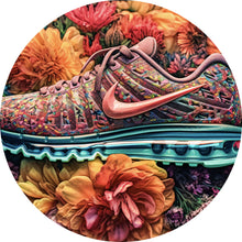 Lade das Bild in den Galerie-Viewer, Aluminiumbild Bunter Sneaker in Blumenbett Kreis