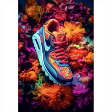 Lade das Bild in den Galerie-Viewer, Aluminiumbild Bunter Sneaker in Blumenmeer Hochformat