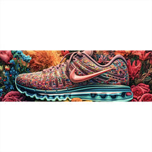 Lade das Bild in den Galerie-Viewer, Aluminiumbild gebürstet Bunter Sneaker in Blumenbett Panorama