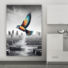 Lade das Bild in den Galerie-Viewer, Poster Bunter Vogel über einer Trümmerlandschaft Hochformat