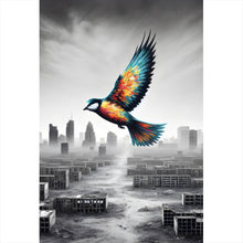 Lade das Bild in den Galerie-Viewer, Aluminiumbild Bunter Vogel über einer Trümmerlandschaft Hochformat