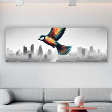 Lade das Bild in den Galerie-Viewer, Poster Bunter Vogel über einer Trümmerlandschaft Panorama