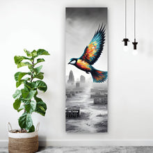 Lade das Bild in den Galerie-Viewer, Poster Bunter Vogel über einer Trümmerlandschaft Panorama Hoch