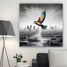 Lade das Bild in den Galerie-Viewer, Poster Bunter Vogel über einer Trümmerlandschaft Quadrat
