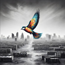 Lade das Bild in den Galerie-Viewer, Poster Bunter Vogel über einer Trümmerlandschaft Quadrat