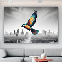Lade das Bild in den Galerie-Viewer, Poster Bunter Vogel über einer Trümmerlandschaft Querformat