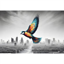 Lade das Bild in den Galerie-Viewer, Poster Bunter Vogel über einer Trümmerlandschaft Querformat