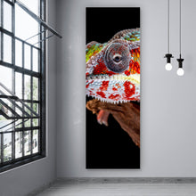 Lade das Bild in den Galerie-Viewer, Aluminiumbild gebürstet Chamäleon auf schwarzem Hintergrund Panorama Hoch