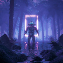 Lade das Bild in den Galerie-Viewer, Aluminiumbild gebürstet Dschungelastronaut Neon Quadrat