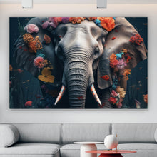 Lade das Bild in den Galerie-Viewer, Leinwandbild Elefant Blumen Digital Art Querformat