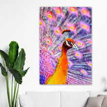 Lade das Bild in den Galerie-Viewer, Spannrahmenbild Eleganter Pfau mit ausgebreiteten Federn Hochformat