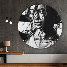 Lade das Bild in den Galerie-Viewer, Aluminiumbild gebürstet Erotische Frau Zeichenstil Vintage Kreis