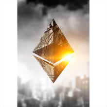 Lade das Bild in den Galerie-Viewer, Acrylglasbild Ethereum Symbol mit Stadt im Hintergrund Hochformat