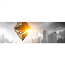 Lade das Bild in den Galerie-Viewer, Aluminiumbild gebürstet Ethereum Symbol mit Stadt im Hintergrund Panorama