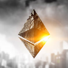 Lade das Bild in den Galerie-Viewer, Acrylglasbild Ethereum Symbol mit Stadt im Hintergrund Quadrat