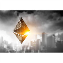 Lade das Bild in den Galerie-Viewer, Poster Ethereum Symbol mit Stadt im Hintergrund Querformat