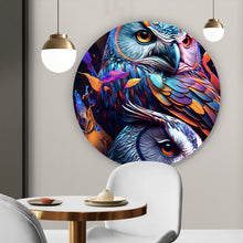 Lade das Bild in den Galerie-Viewer, Aluminiumbild gebürstet Eulenpaar bunt Digital Art Kreis