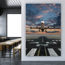 Lade das Bild in den Galerie-Viewer, Leinwandbild Flugzeug vor Sonnenuntergang Hochformat