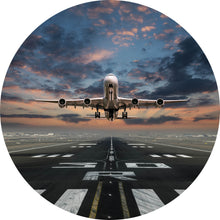Lade das Bild in den Galerie-Viewer, Aluminiumbild Flugzeug vor Sonnenuntergang Kreis
