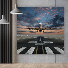 Lade das Bild in den Galerie-Viewer, Leinwandbild Flugzeug vor Sonnenuntergang Quadrat