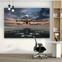 Lade das Bild in den Galerie-Viewer, Leinwandbild Flugzeug vor Sonnenuntergang Querformat