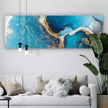 Lade das Bild in den Galerie-Viewer, Spannrahmenbild Fluid Art Blau Gold Panorama