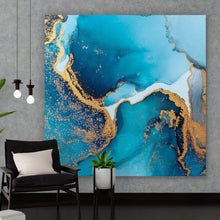 Lade das Bild in den Galerie-Viewer, Leinwandbild Fluid Art Blau Gold Quadrat