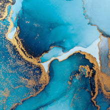 Lade das Bild in den Galerie-Viewer, Leinwandbild Fluid Art Blau Gold Quadrat