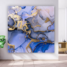 Lade das Bild in den Galerie-Viewer, Leinwandbild Fluid Art Königsblau mit Gold Quadrat