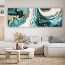 Lade das Bild in den Galerie-Viewer, Leinwandbild Fluid Art Türkis gold Panorama