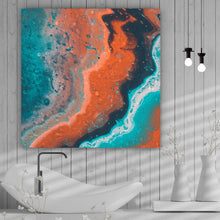 Lade das Bild in den Galerie-Viewer, Aluminiumbild gebürstet Fluid Art Türkis und Rot Quadrat