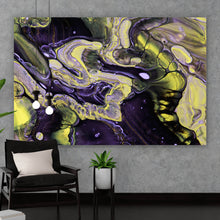 Lade das Bild in den Galerie-Viewer, Aluminiumbild gebürstet Fluid Art Violett und Gelb Querformat