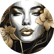 Lade das Bild in den Galerie-Viewer, Aluminiumbild gebürstet Frau im Zeichenstil mit Gold Kreis