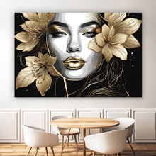 Lade das Bild in den Galerie-Viewer, Acrylglasbild Frau im Zeichenstil mit Gold Querformat