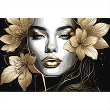 Lade das Bild in den Galerie-Viewer, Spannrahmenbild Frau im Zeichenstil mit Gold Querformat