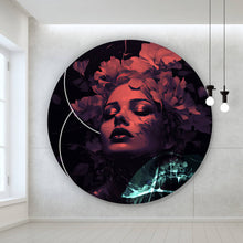 Lade das Bild in den Galerie-Viewer, Aluminiumbild Frauengesicht mit Blumen Modern Art Kreis