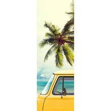 Lade das Bild in den Galerie-Viewer, Leinwandbild Gelber Oldtimer am Strand Panorama Hoch