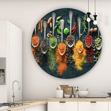 Lade das Bild in den Galerie-Viewer, Aluminiumbild gebürstet Gewürzvielfalt auf Löffeln Kreis