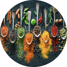 Lade das Bild in den Galerie-Viewer, Aluminiumbild gebürstet Gewürzvielfalt auf Löffeln Kreis