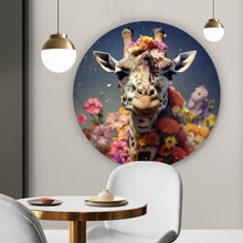 Lade das Bild in den Galerie-Viewer, Aluminiumbild gebürstet Giraffe mit Blüten Kreis
