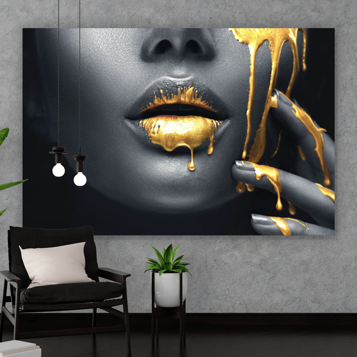 Leinwandbild Goldene Lippen im Querformat, Aufhängefertig &  Versandkostenfrei – Wandguru | Kunstdrucke